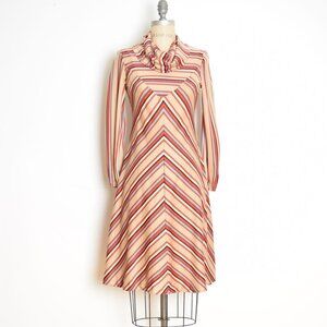vintage 70s dress beige colorful rainbow chevron stripe print cowl midi disco S